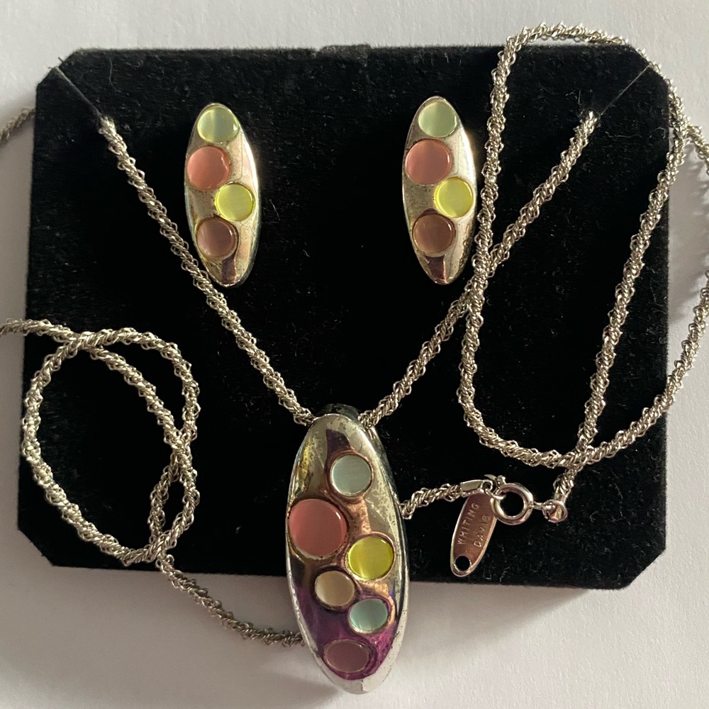 Rare Vintage Whiting Davis Silver Earrings Pendant & Intricately Woven Chain Set